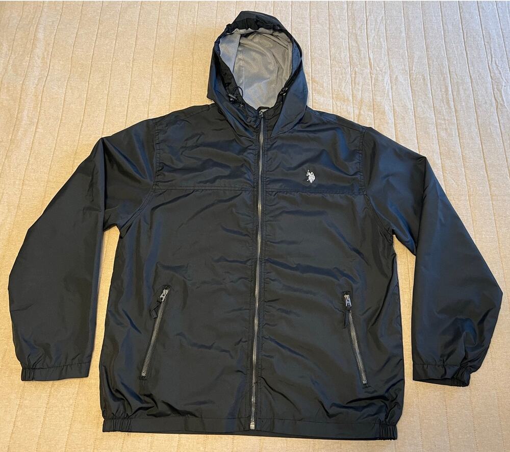 U.S. Polo Association Windbreaker Full Zip Hooded Zip Pockets Black Men's Size L